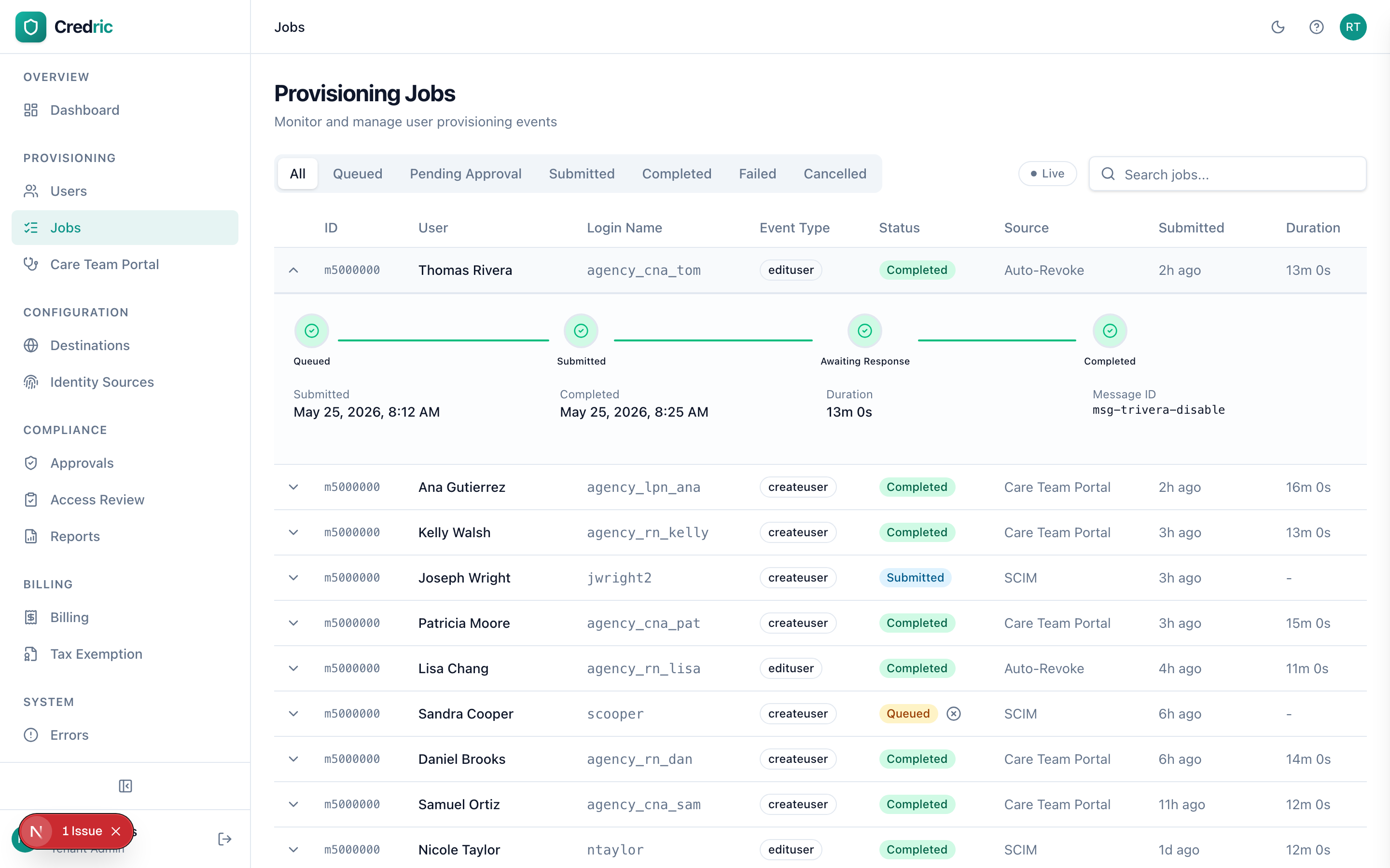Provisioning job expanded showing pipeline stages: Queued, Submitted to EHR, Waiting for Response