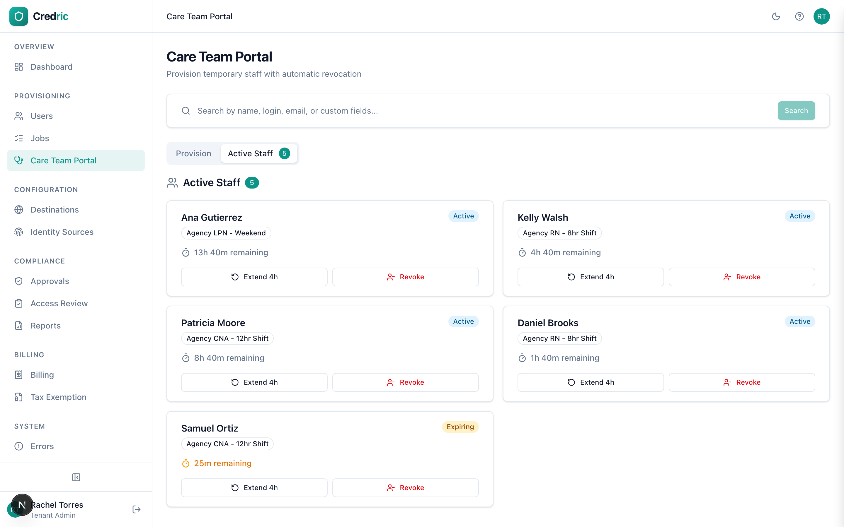 Care Team Portal showing quick provision form and active temporary staff with auto-revocation timers