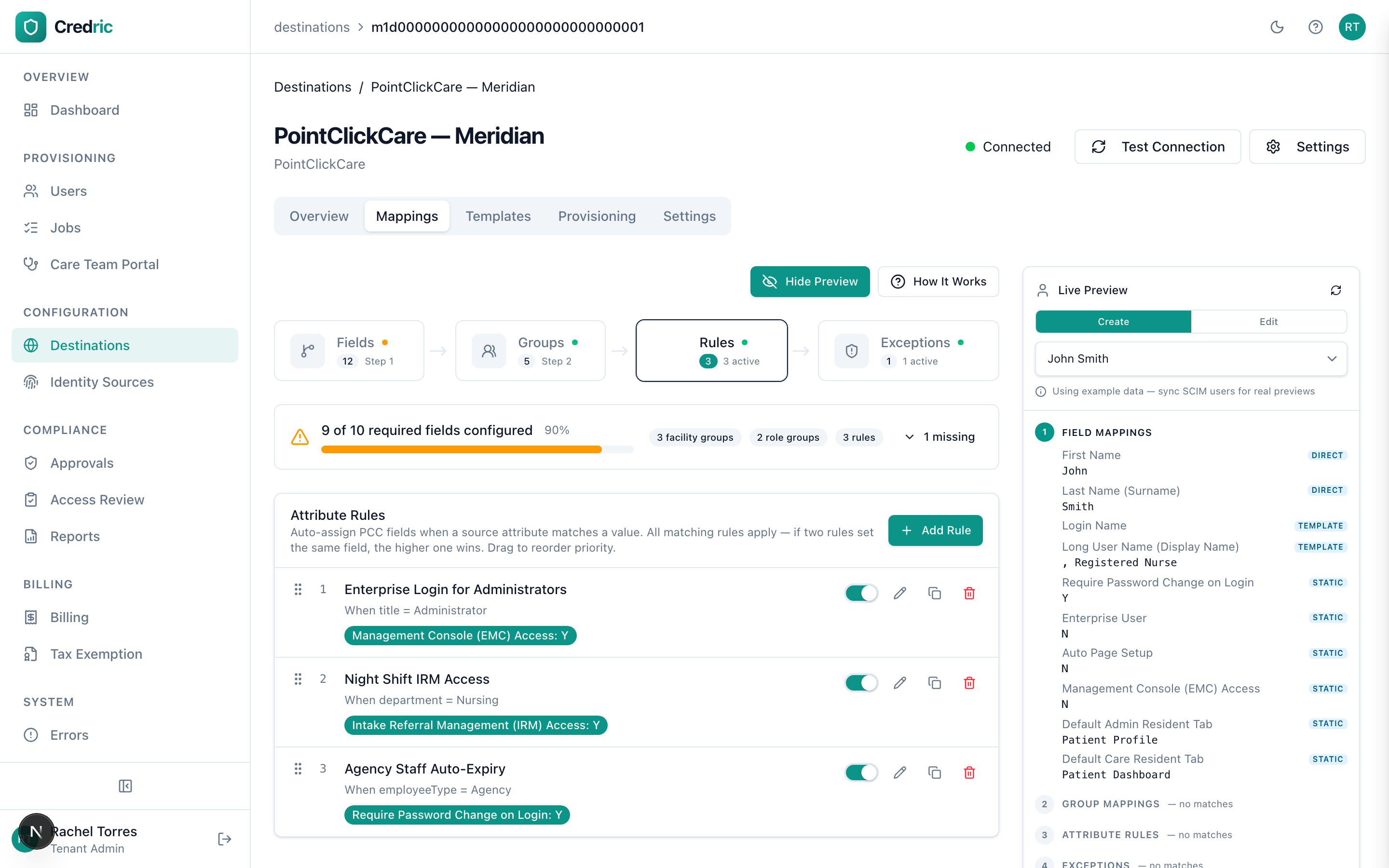 Attribute rules engine showing conditional field assignments based on department and role