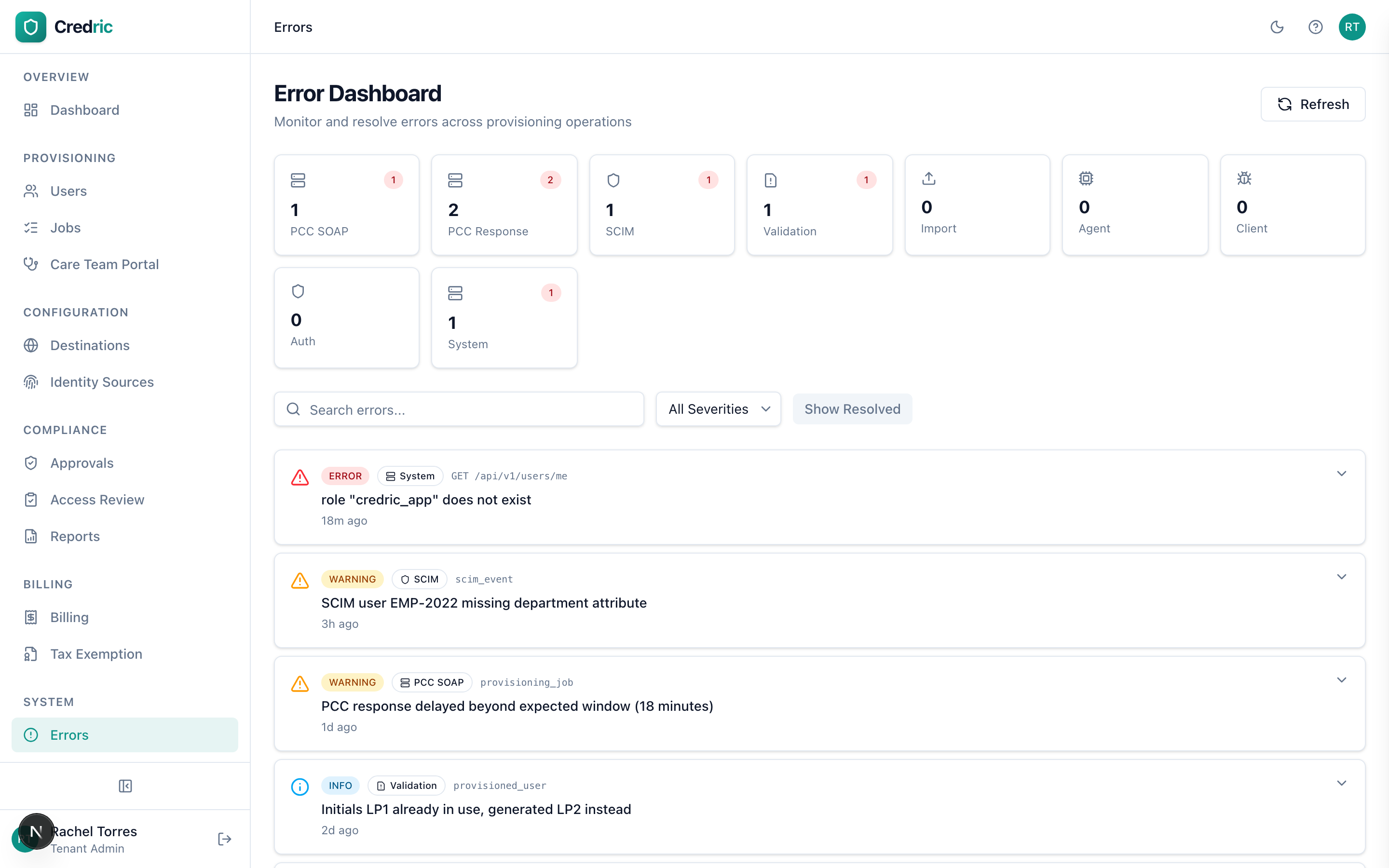 Error dashboard with categorized errors by severity and source