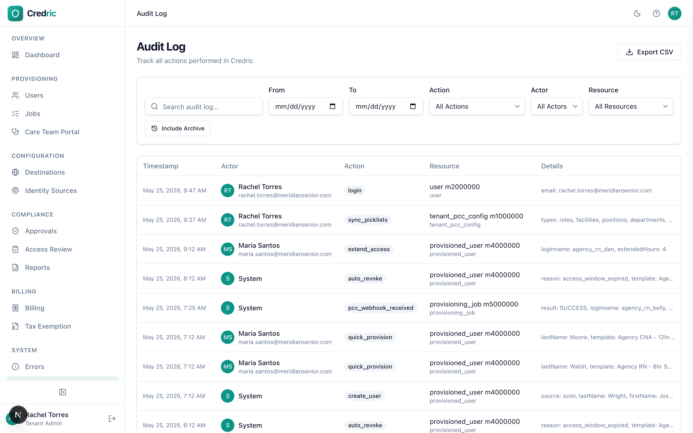 Audit log showing detailed action history with actor attribution, timestamps, and resource tracking
